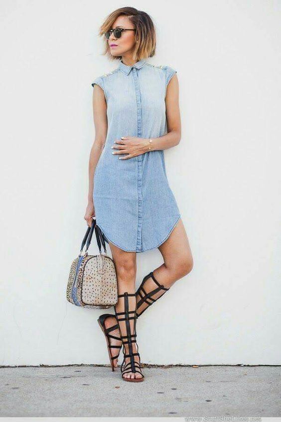 Denim Shirt Dress with Black Missguided Gladiator Sandals